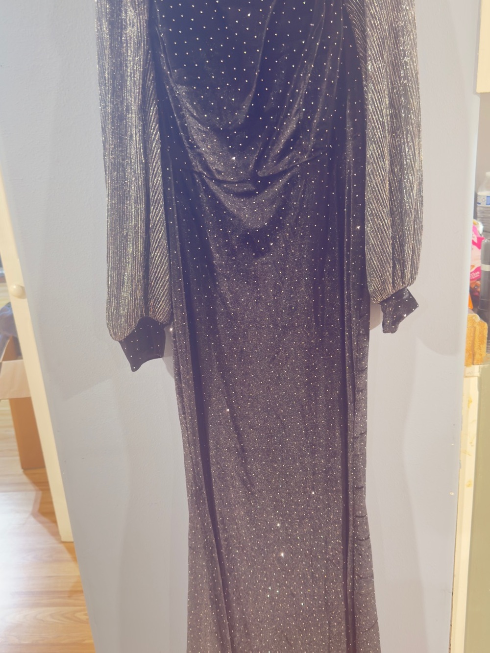 SHEIN Black Sparkle Maxi Dress with Metallic Silver Sleeves